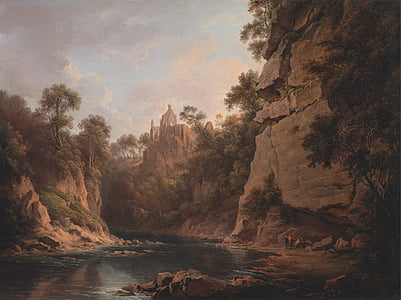 body of water near rocks and trees artwork thumbnail