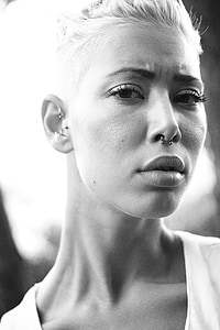 grayscale photography of woman wearing scoop-neck top thumbnail