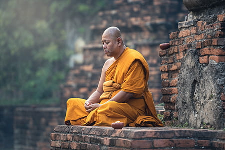meditating monk on brown brick wall thumbnail