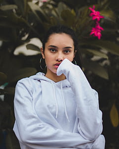 woman wearing white pullover hoodie thumbnail