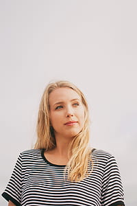 woman wearing black and white striped scoop-neck tee shirt thumbnail