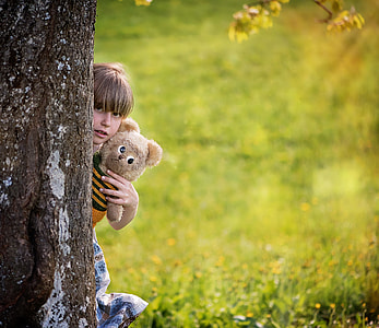 child hiding behind the tree while holding brown bear plusht oy thumbnail
