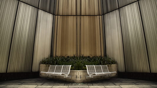 two white metal benches thumbnail
