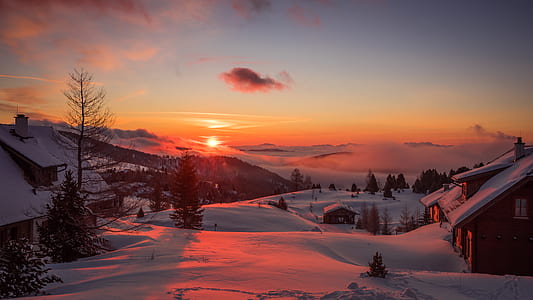 houses on snow field beside mountain during golden hour thumbnail