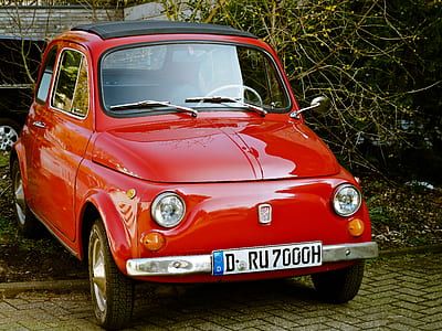 red FIAT 500 parked beside bushes thumbnail