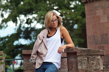 woman wearing white tank top and blue denim bottoms thumbnail