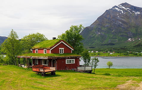 brown and white 2-storey house near lake across glacier mountain thumbnail