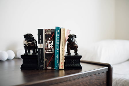 four assorted-titled book beside two dogs ceramic book stopper thumbnail