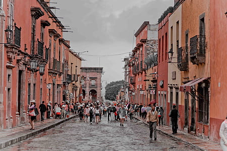 crowd of people walking on street in between building under gray clouds thumbnail