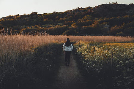 woman walking in middle of grass field during daytime thumbnail