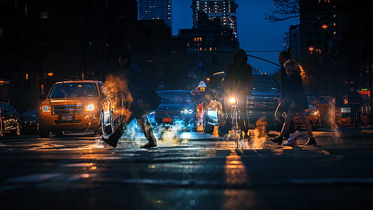 three person walking on street thumbnail