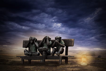 photograph of Three Wise Monkeys seating on bench thumbnail