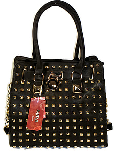 black leather gold stud handbag on white surface thumbnail