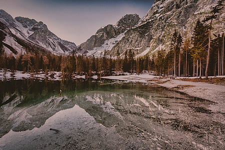 body of water surrounded by trees near snow covered mountain thumbnail