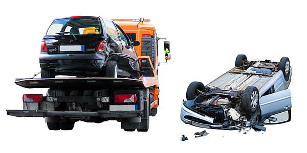 gray wrecked car and black 3-door hatchback on truck thumbnail