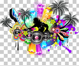 Nightclub Music Disco Poster, Color moving audio speakers music poster, DJ silhouette illustration PNG clipart