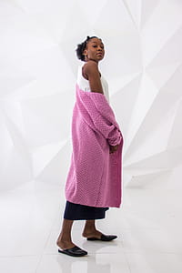 Woman Wearing White Sleeveless Dress and Pink Long Coa thumbnail
