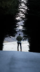man standing between green leaf trees thumbnail