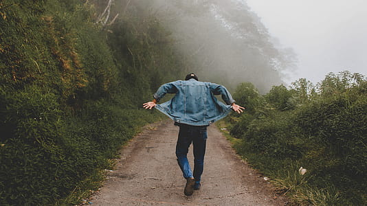Person Wearing Blue Denim Jacket While Walking on Foggy Road thumbnail