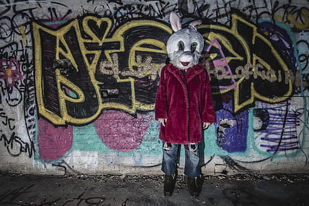 person with rabbit mask and coat standing near wall with graffiti thumbnail