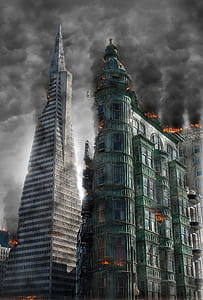 destroyed buildings under gray sky illustration thumbnail