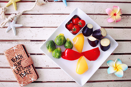slice vegetables on white ceramic plate beside brown smartphone flip cover thumbnail