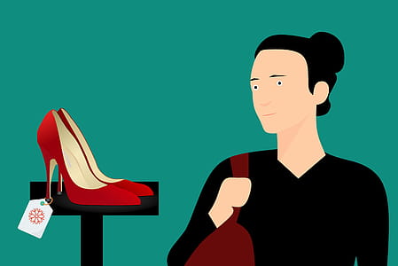 Illustration of woman shopping for shoes. thumbnail