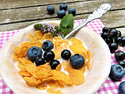 corn flakes with black berries and cream on plate placed on table thumbnail