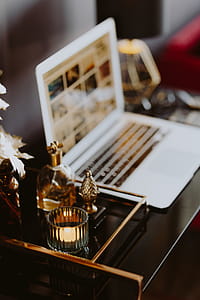 Elegant home office with golden accessories thumbnail