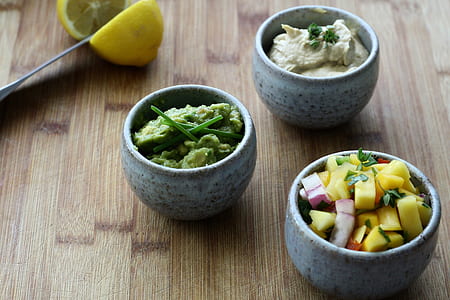 three grey ceramic bowls with fruits thumbnail