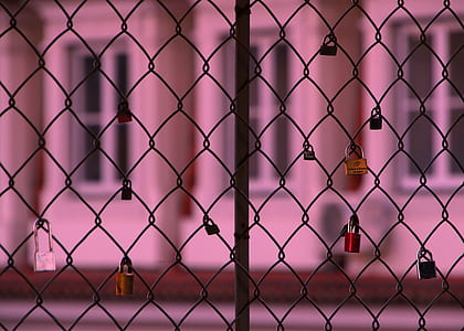 assorted-color locks hanging on fence thumbnail