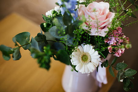 selective focus photography of white daisy and pink rose in vase thumbnail