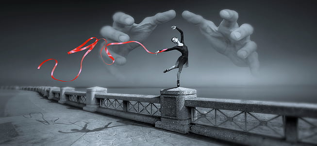 woman performing gymnastic routine on top of grey concrete railings with both of hands image behind wallpaper thumbnail