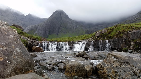 waterfalls near mountain under gray sky thumbnail