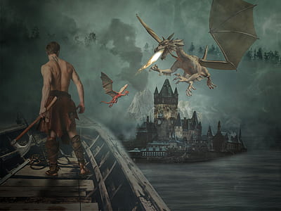 man standing on bridge near white fire-breathing dragons painting thumbnail