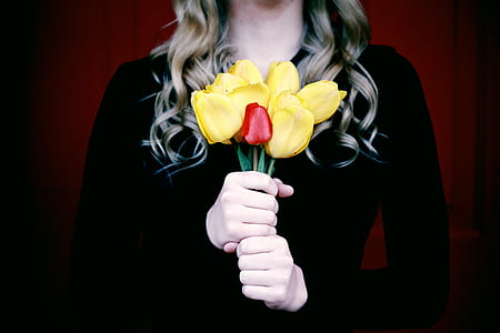 woman in black sweatshirt holding yellow and red tulips thumbnail