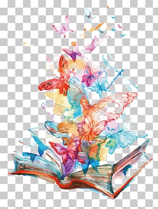 Butterfly AllPosters.com Book, book fly butterfly, pink, blue, and yellow butterflies and book illustration PNG clipart