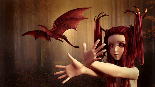 girl retching red dragon digital wallpaper thumbnail