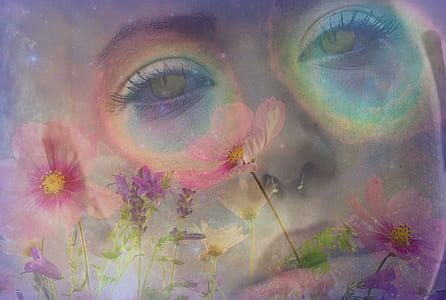 woman in cat-eyes surrounded with petaled flowers digital wallpaper thumbnail