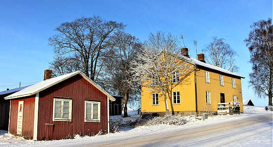 two brown and yellow wooden houses beside road thumbnail