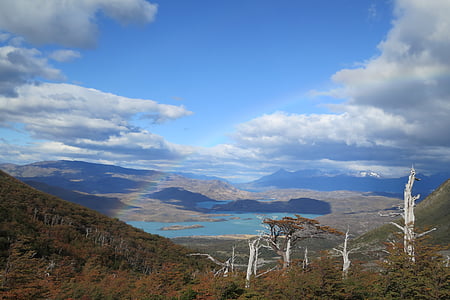 aerial view of mountains and lake with rainbow under blue sky thumbnail