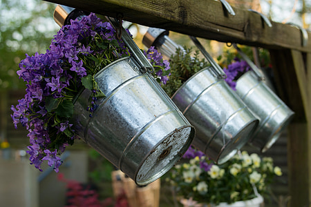 purple flowers in silver buckets thumbnail