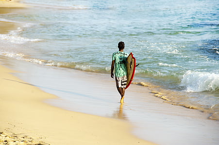man in green shirt carrying surfboard by the sea during daytime thumbnail