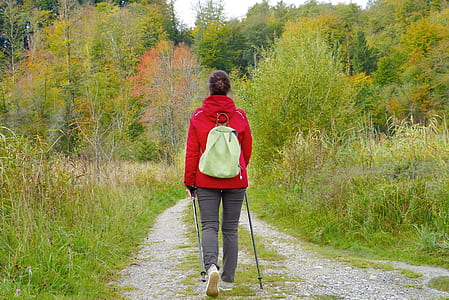 woman wearing red hoodie walking on pathway in between forest thumbnail