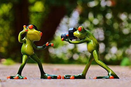 two green frogs standing on beige surface during daytime thumbnail