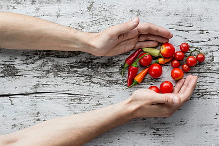 tomato and bell peppers on top of white wooden board thumbnail