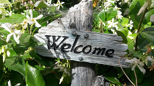 grey wooden Welcome signage beside white Jasmine flowers thumbnail