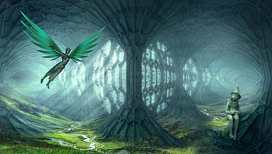 flying character and person wearing conical hat digital wallpaper thumbnail