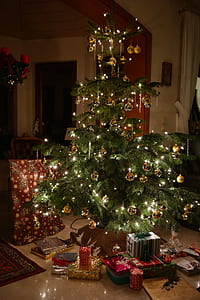 turned-on string lights on Christmas tree thumbnail