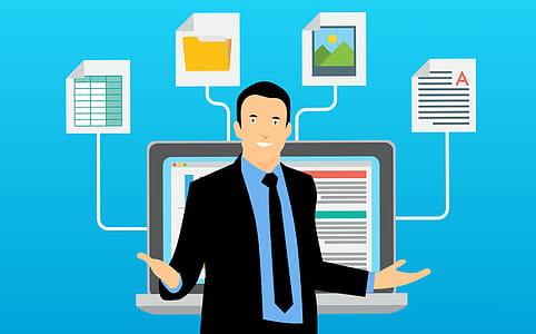 Business man illustration with business metrics charts and displays. thumbnail